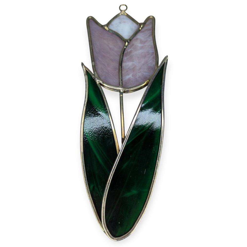 Purple and Green Tulip Leaded Stain Glass Window Sun Catcher 7"